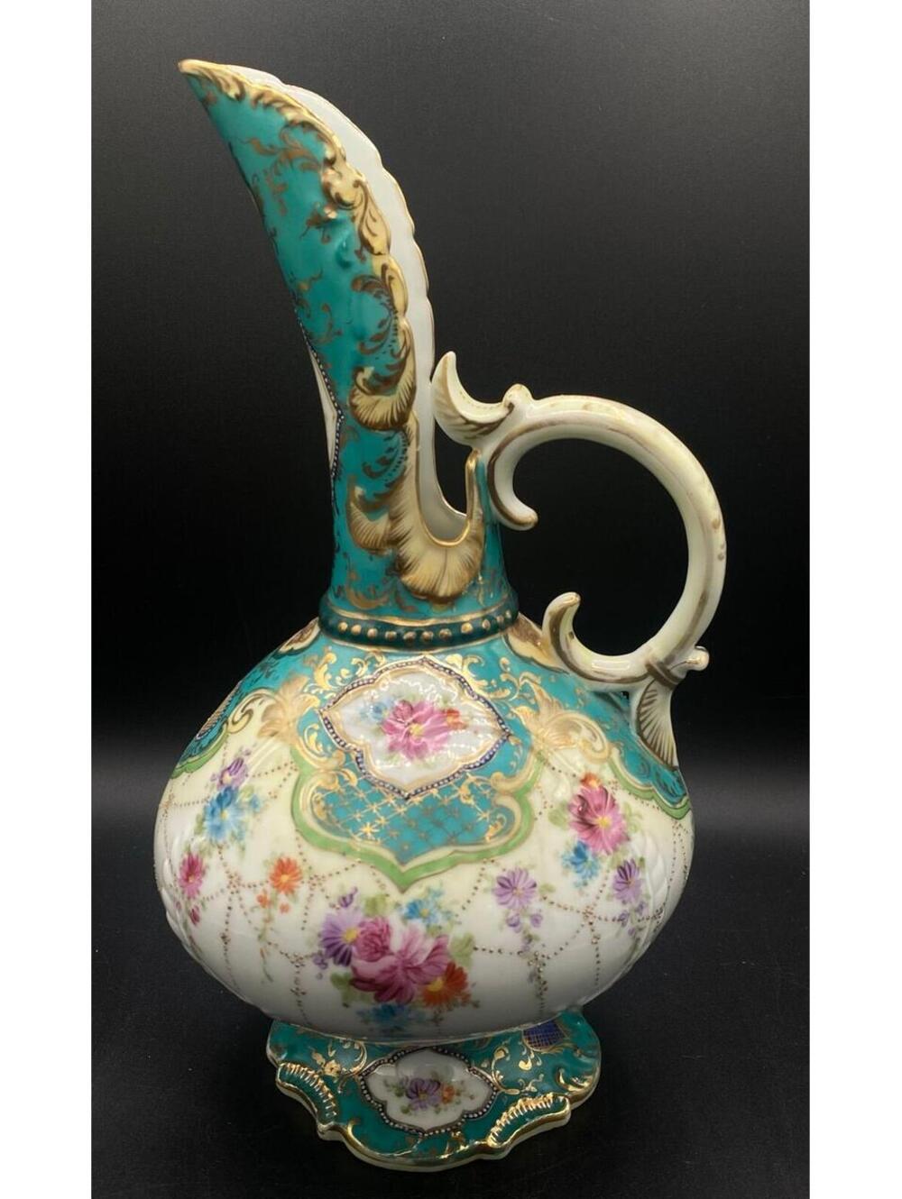 Antique Hand Painted Moriage Ewer Vase Turquoise Gold Gilt German Bavarian
